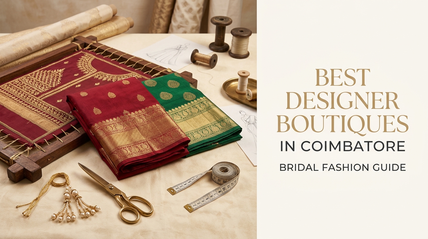 Luxury editorial banner for 5 Best Designer Boutiques in Coimbatore bridal fashion guide featuring Kanjivaram silk, Khatia Aari embroidery, and bespoke tailoring tools