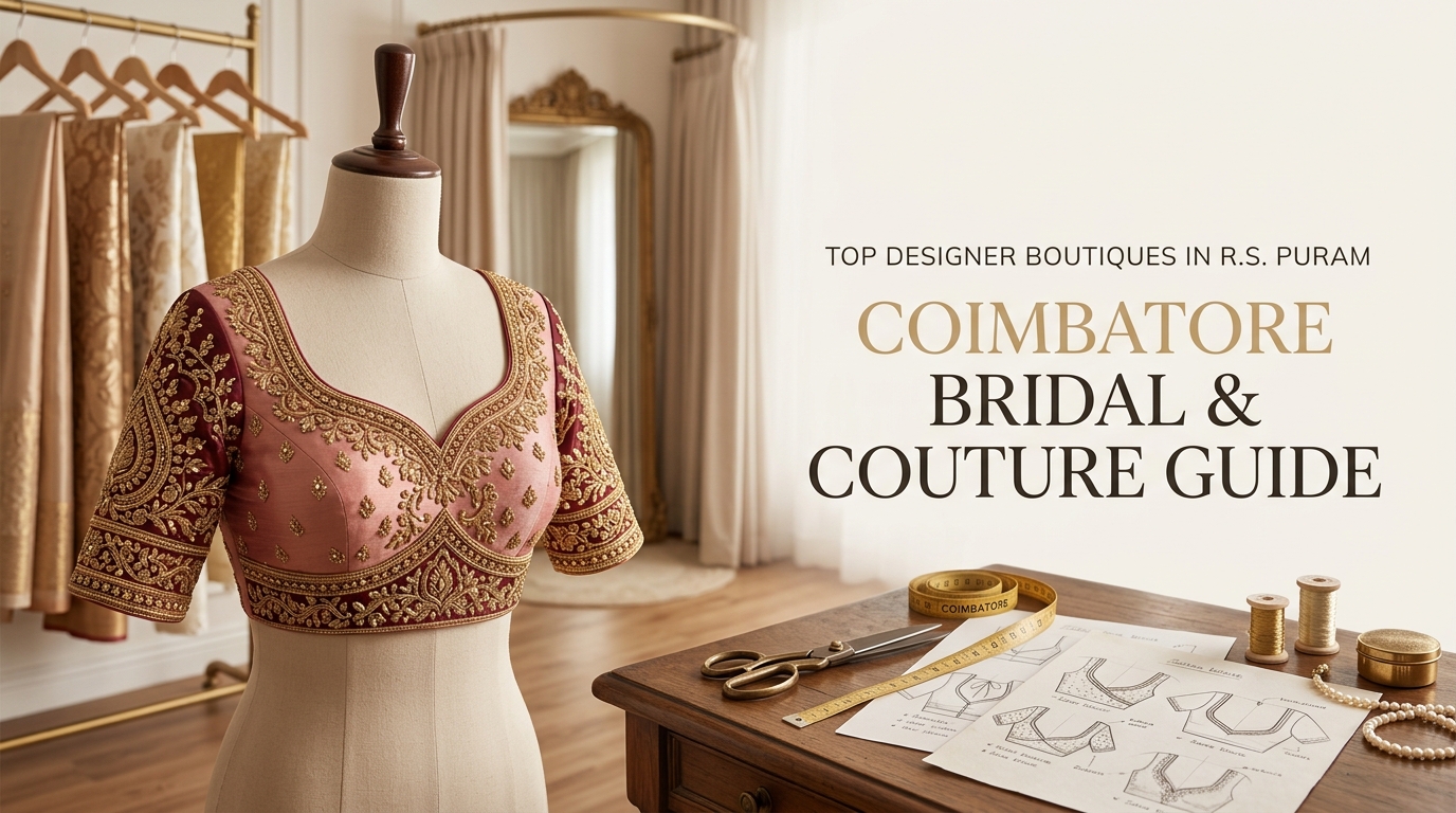 Luxury editorial banner for Top 5 Designer Boutiques in R.S. Puram Coimbatore bridal guide with bespoke Aari blouse on mannequin and couture design sketches